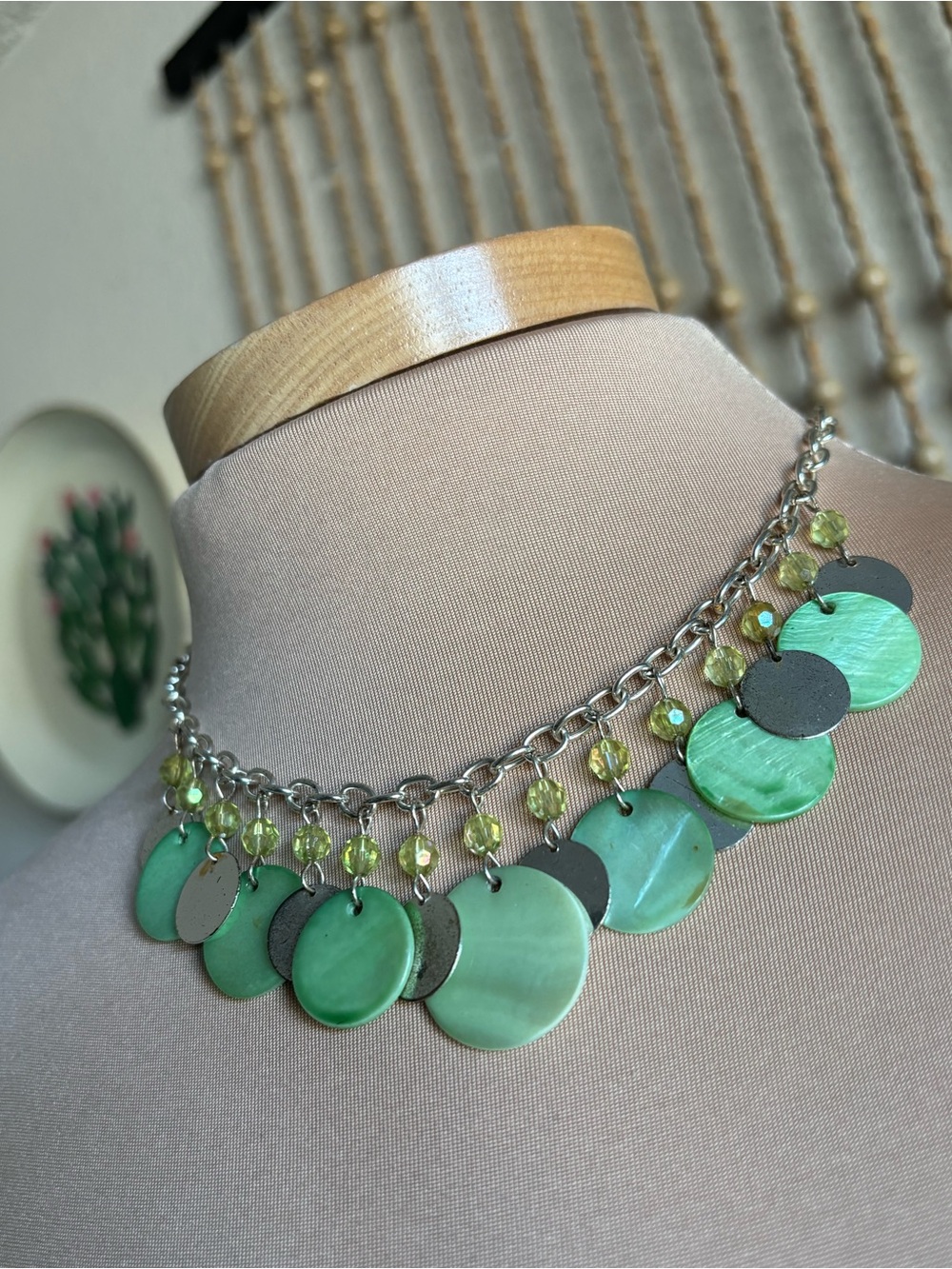 Vintage Y2K Fairy Mermaid Light Green Silver Statement Circular Pendant Layered